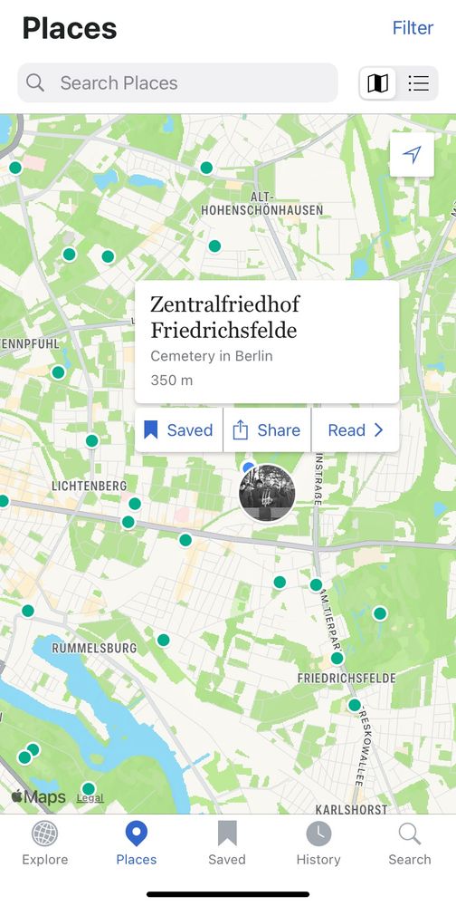 "Places" page of the Wikipedia app showing points of interests on a map.