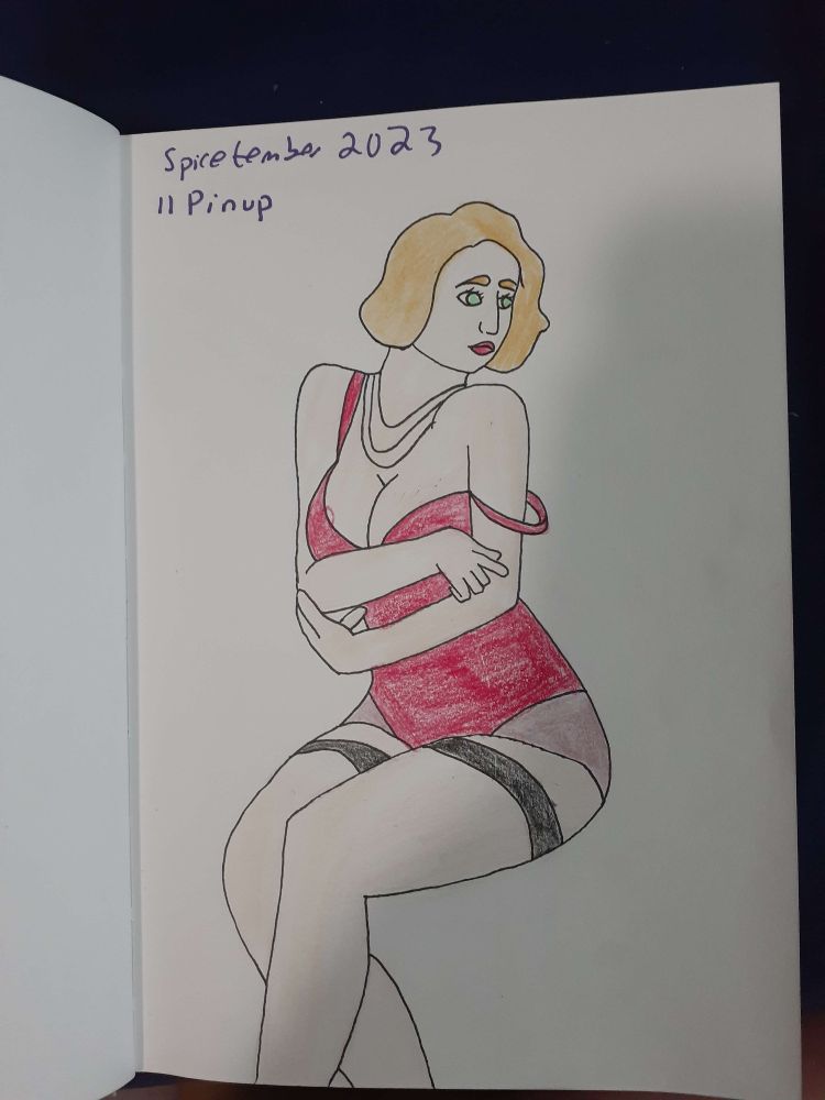 Drawing of a woman in lingerie with one strap falling down the shoulder