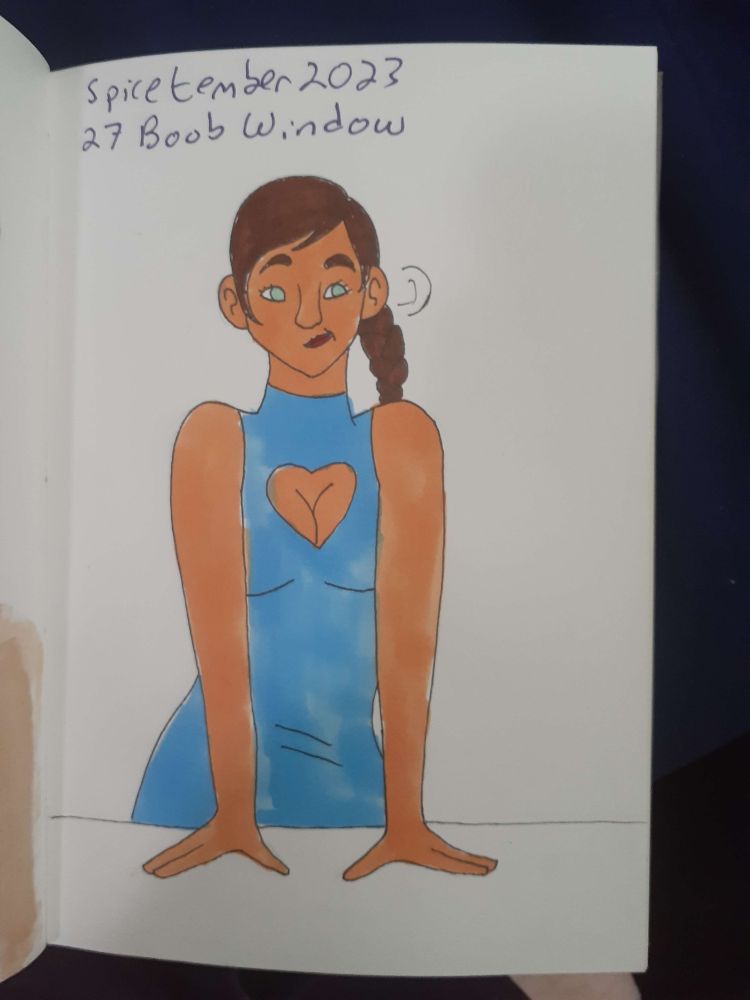drawing of a woman with a boob window in her dress