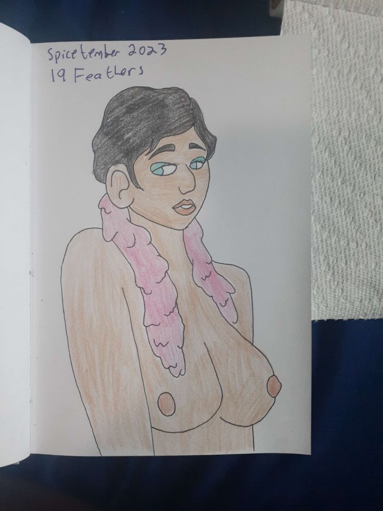 Drawing of a naked person with a feather boa around their shoulders