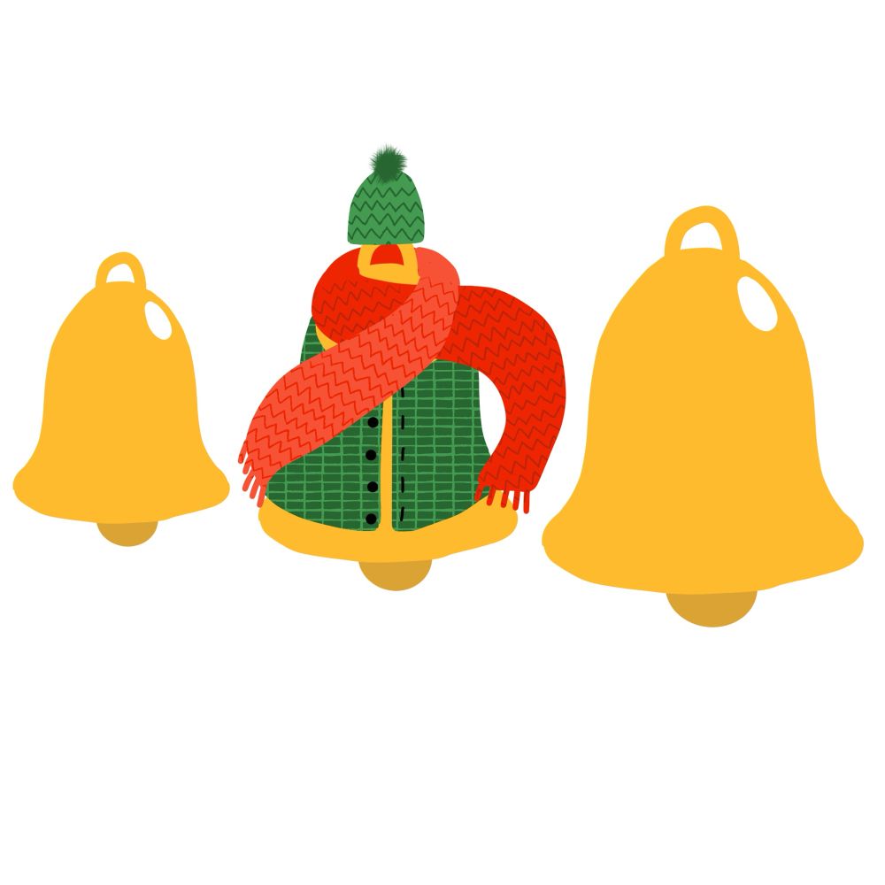 Three golden bells, small, medium, and large. The medium one is wearing a very Christmassy outfit of a checked green cloak, a green bobble hat, and a red scarf