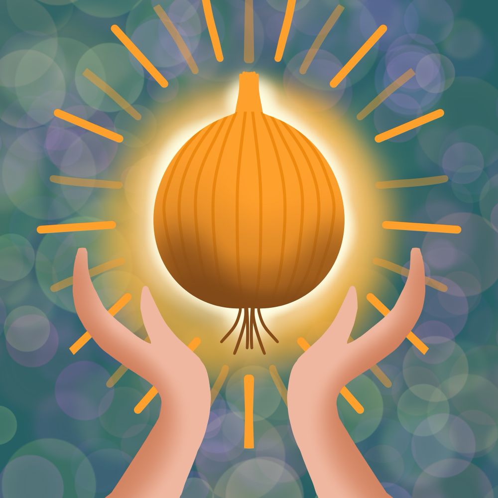 A glowing onion hovering over outstretched hands, like some sort of religious icon