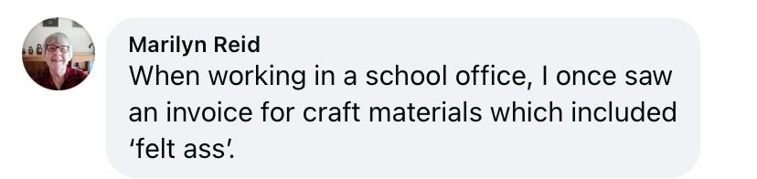 Marilyn Reid
When working in a school office, I once saw an invoice for craft materials which included
'felt ass'