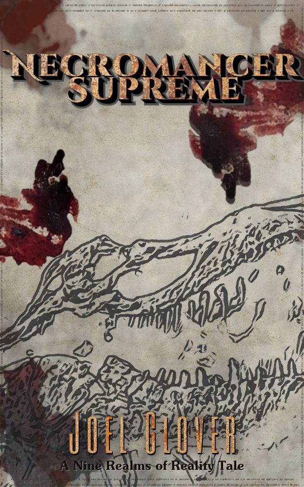 An ink sketch of a T Rex skull on a blood smeared parchment.