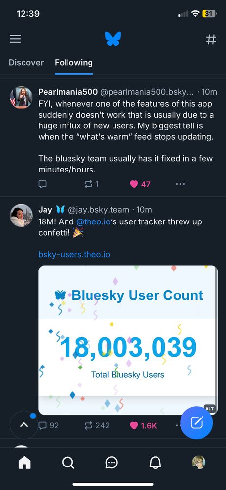 A screen shot of this post as well as a post from jay about the site now having over 18 million users. 