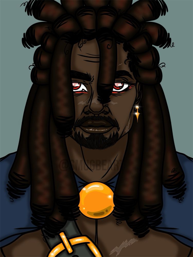 NOT MY OC!!!
A D&D character belonging to a mutual named “Lee” or “Leander”, he is a black man with thick, shoulder-length dreads and glowing red eyes. He wears a greyish-blue cape with a large, circular and gold pendant holding it together with a large belt-like sash across his chest with various scars.