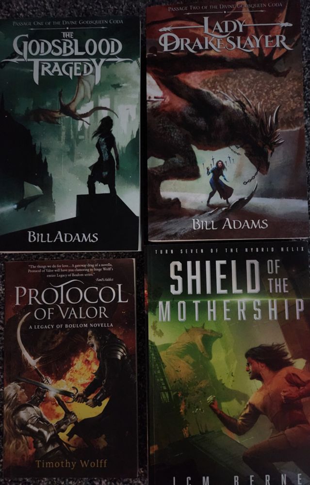 The Godsblood Tragedy and Lady Drakeslayer by Bill Adams
Protocol of Valor by Timothy Wolff
Shield of the Mothership by JCM Berne