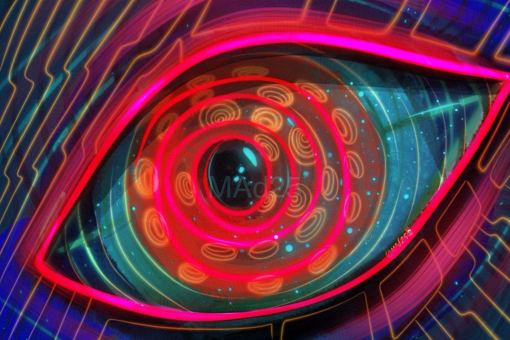 Hot pink eye in the water staring up at you in 4x6 digital art piece 