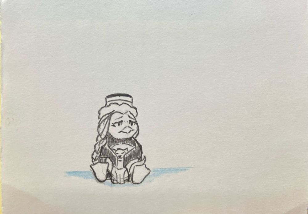 A sad, lonely penguin character taking solace by holding a cat.