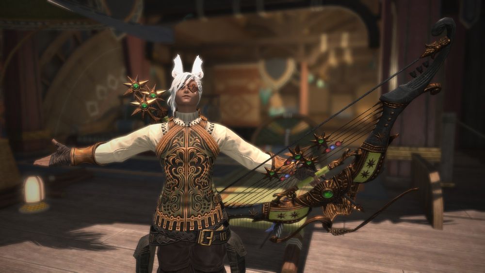 A screenshot from Final Fantasy 14. A player character with long white hair and bunny ears poses for the camera with his arms out like he is taking a bow. 