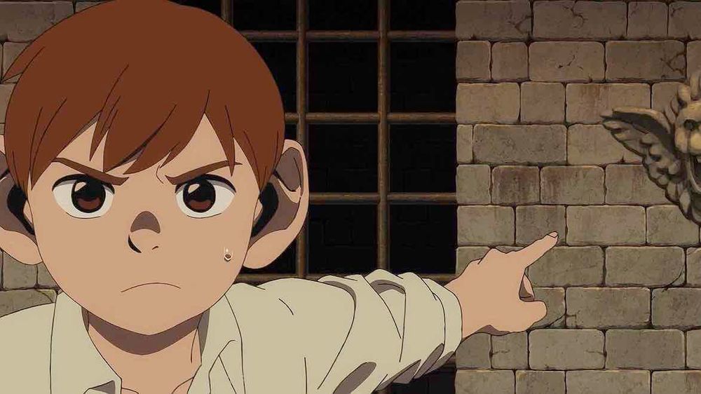 A halfling with auburn hair (Chilchuck) pointing with a scowl