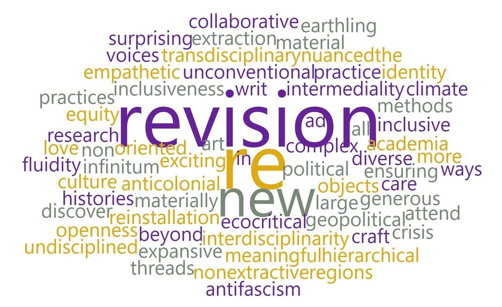 Word cloud derived from the following terms: Exciting, Complex, Political, Anticolonial, Ecocritical, Materially-oriented, Unconventional art objects, Intermediality, Inclusiveness, Interdisciplinarity writ large, Reinstallation, Re-revision, re-re-revision, re-re-re-revision, ad infinitum!, Transdisciplinary, Diverse, Geopolitical, Academia, and beyond (emphasis on beyond!), To ensure a meaningful practice:, generous, empathetic, inclusive, expansive, nuanced, Histories of extraction and efforts to engage in non-extractive research methods, Equity and care, Material culture, craft, and non-hierarchical collaborative practices, Openness to new voices (scholars and artists), Discover more surprising threads, Identity fluidity, Attend to new regions, Fascism/AntiFascism, Earthling, Love, Climate, Crisis, Undisciplined–in all the ways