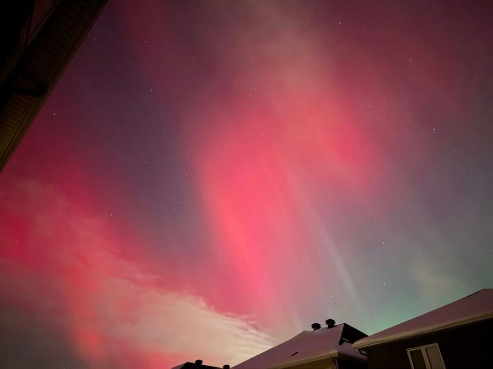 northern lights. they are pink. there is the top of some houses bottom right. 