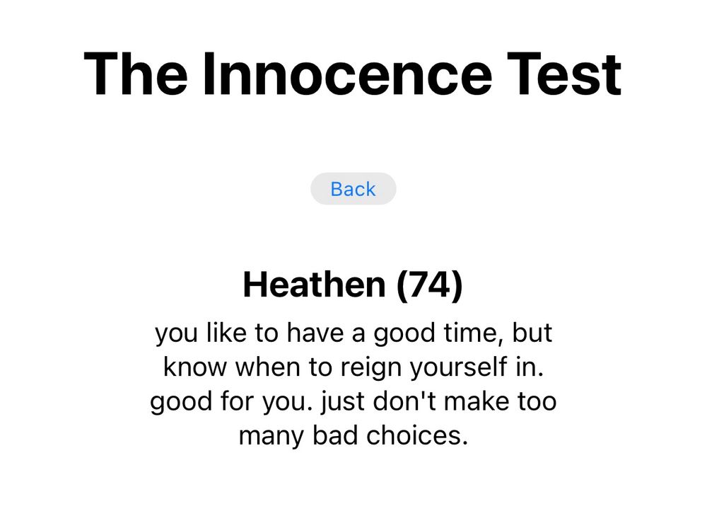 The Innocence Test

Heathen (74)
you like to have a good time, but know when to reign yourself in. good for you. just don't make too many bad choices