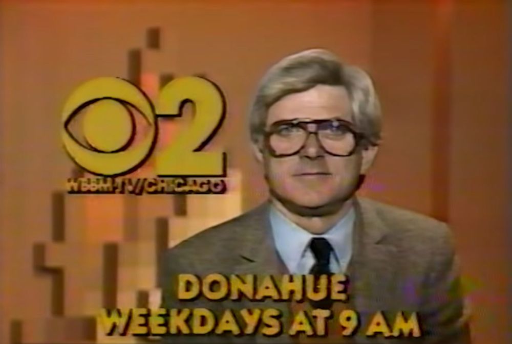 Station ID card for WBBM Chicago featuring Phil Donahue