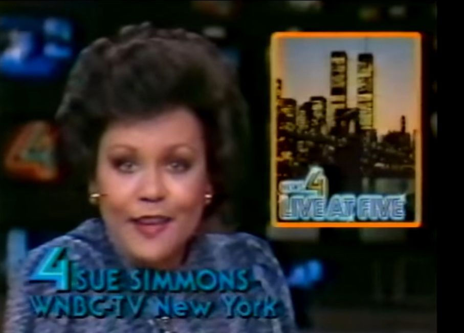 Screenshot of Sue Simmons from the WNBC newsroom set in 1984. There’s a picture of the Live at Five logo and the World Trade Center behind her