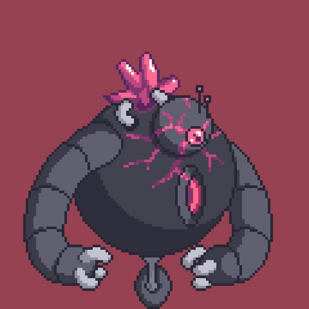 A pixel art image of a spherical robot with a pink code, 2 antennae, and a pink crystal that looks like it's corrupting the robot. The robot has bendy tube arms and a single, comically small wheel upon which it stands.