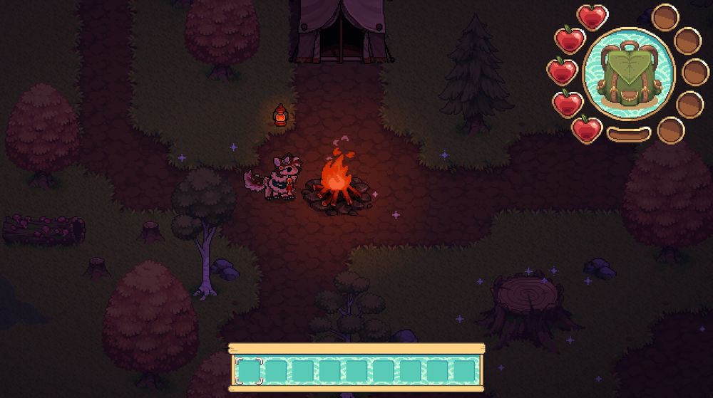 Nighttime during winter with a campfire lit in the center of the screenshot