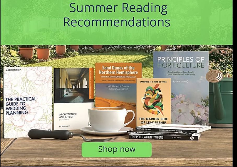 Screenshot of an advertisement for “Summer Reading Recommendations.”

Titles include:
“Sand Dunes of the Northern Hemisphere”
“The Practical Guide to Wedding Planning”
“Architecture and Affect”
“Principles of Horticulture”
“The Darker Side of Leadership”