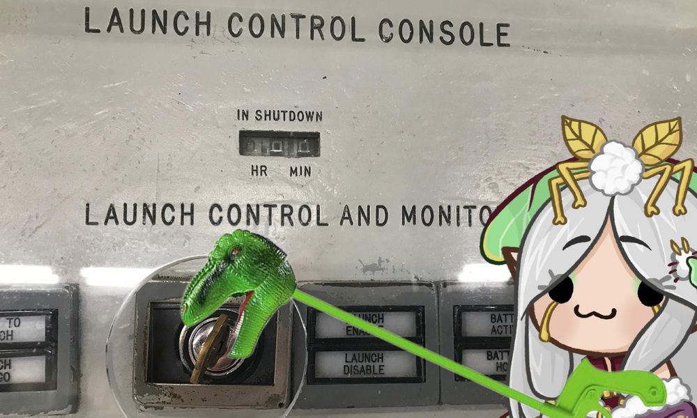 Sybil, the lunar moth fairy princess. She is nearby a ominous console labeled 'LAUNCH CONTROL CONSOLE' and 'LAUNCH CONTROL AND MONITOR'. She has a plastic t-rex head bite toy that is slowly reaching for the ignition key.