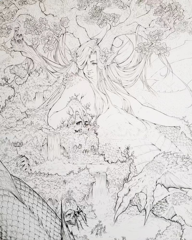 A detailed black ink illustration of a large half-dragon, half-woman with huge tree-like branch horns laying next to small mossy cascading waterfalls and caressing a human skull. 