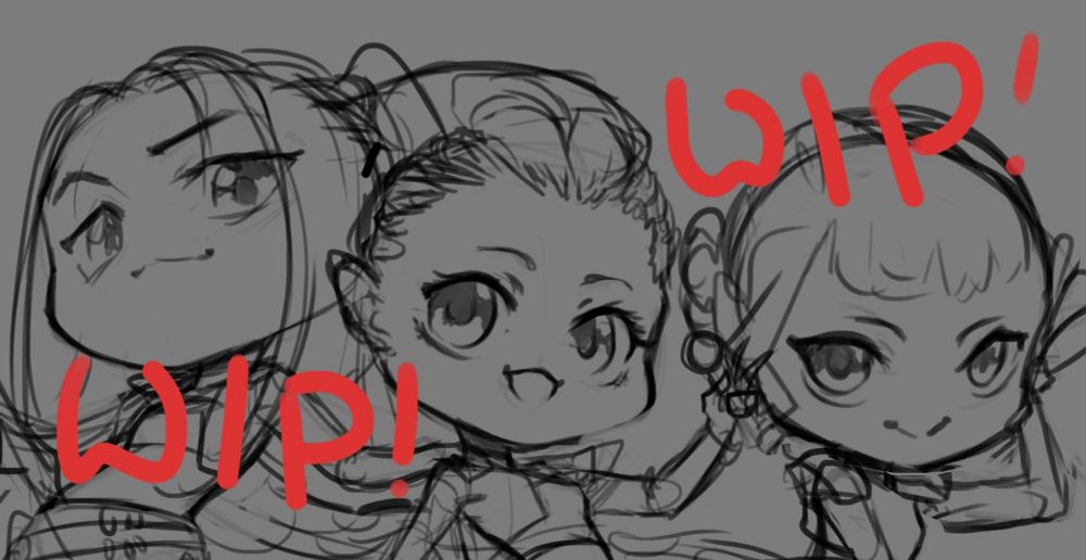A work in progress screenshot of 3 chibi female characters, shown from chest up, while 2 red words appear on top, "WIP". 