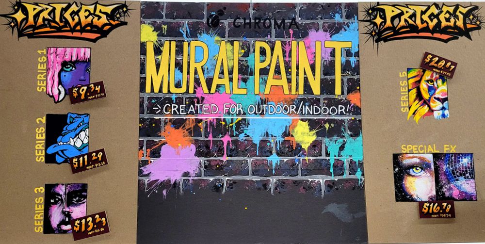 A hand-painted sign for mural paint, showing the 5 different prices based on 5 different series with adjacent small art with each one. 