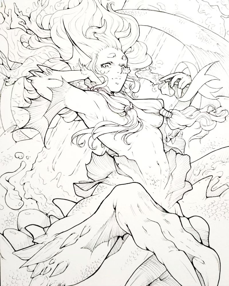 A traditional black ink illustration of a half-dragon, half-mermaid looking down at the audience while eating a popsicle. 