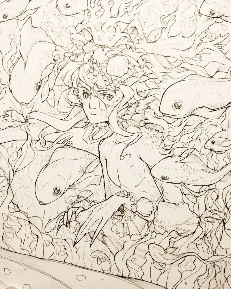 A traditional black ink illustration of a half-dragon, half-merfolk decked with shells and jewelry swimming among a school of fishes. 
