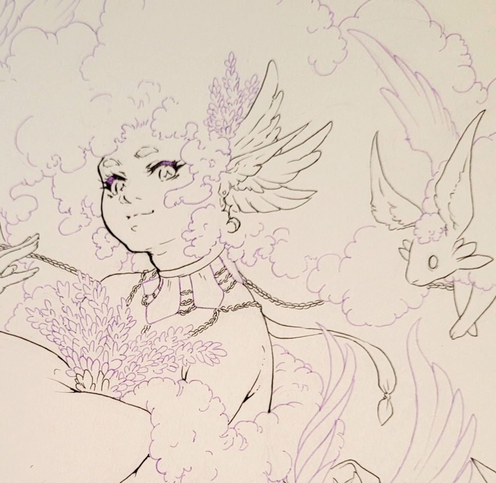 A work in progress shot of close-up illustration of a lady with small wings behind her head, lavender at her chest and ear, and adorned flowery necklace, while a little flying sheep peeps around the corner. 