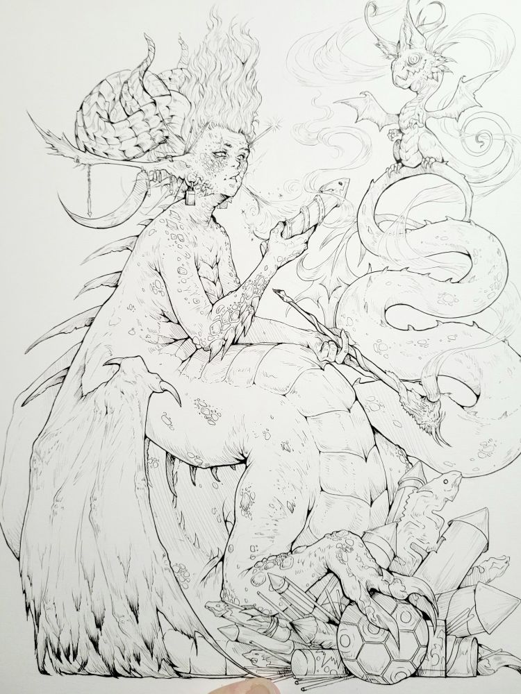 A detailed black ink illustration of a older half-dragon, half-woman sitting on herself, smoking a long ornate dragon-detailed pipe, and holding a firework in one hand, with a pile of fireworks before her and a derpy-looking small dragon perched on her curvy tail. 