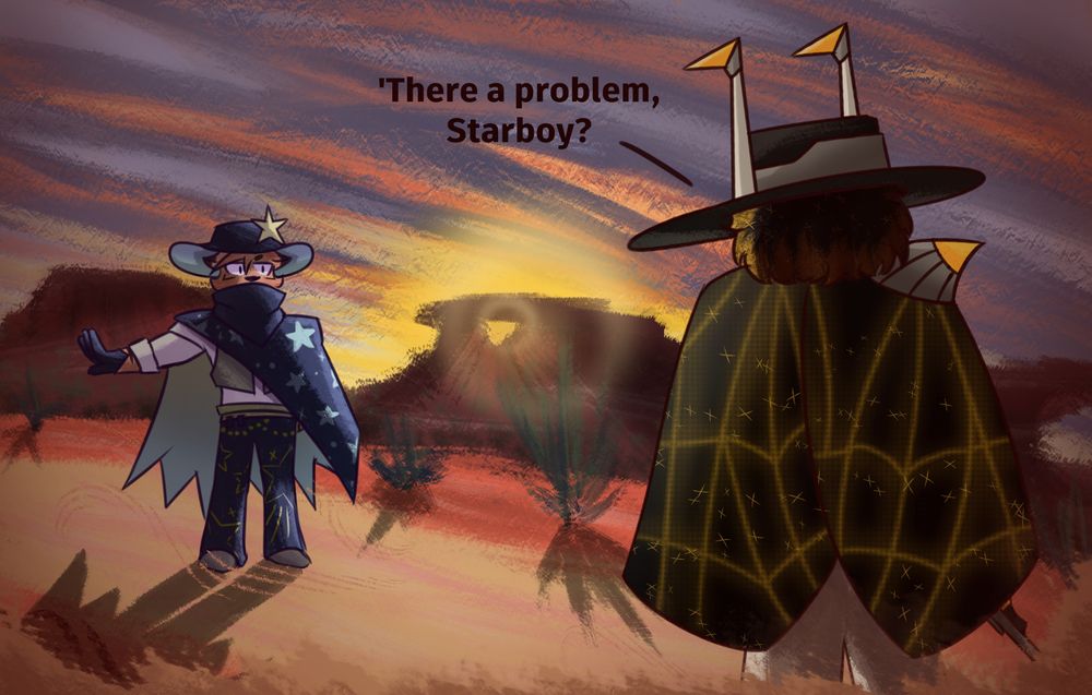 art piece of two cowboys having a stare-down in a desert