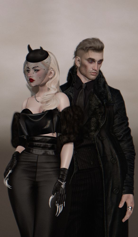 ꜰᴇᴀᴛᴜʀᴇᴅ ᴏɴ ʜᴇʀ: 
◦  [Apika] Veiluria Horned Fascinator 
◦  SSD. Malkin Gloves
◦  SSD. Paris - Halter Top 
◦  SSD. RIN Necklaces 
◦  SSD. Rouge - Spikes and shadows
◦  GizzA - Crystal Faux Fur Stole [Black - Stone] (unpacked)
◦  :Dernier: "Anitta" Pants - Black
◦  DOUX - Valentine hairstyle [BASIC PACK]
◦  (Yummy) Lovely Locket Bracelet (reborn)

ꜰᴇᴀᴛᴜʀᴇᴅ ᴏɴ ʜɪᴍ
◦  //Ascend// Blake Coat
◦  //Ascend// Fur Addon
◦  [Deadwool] Sean vest
◦  [Deadwool] Sean trousers 
◦  Vango. Elijah
◦  [The Forge] Savage Rings