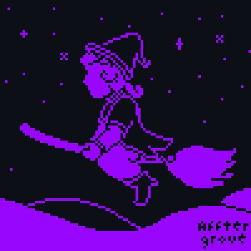 A witch in purple flying on a broom.