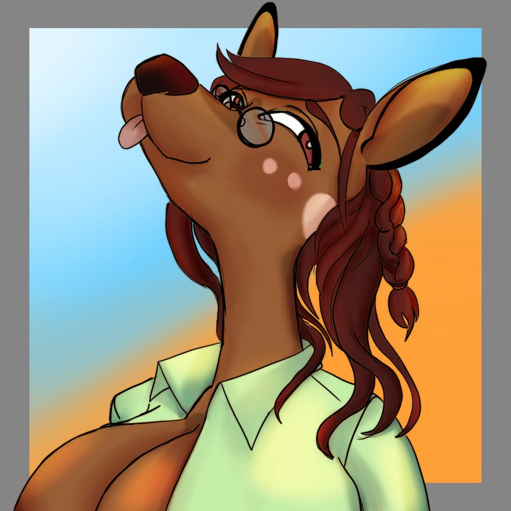 Furry deer girl with tiny glasses, a braid in her hair and her top of her boobs are popping out of her shirt. 