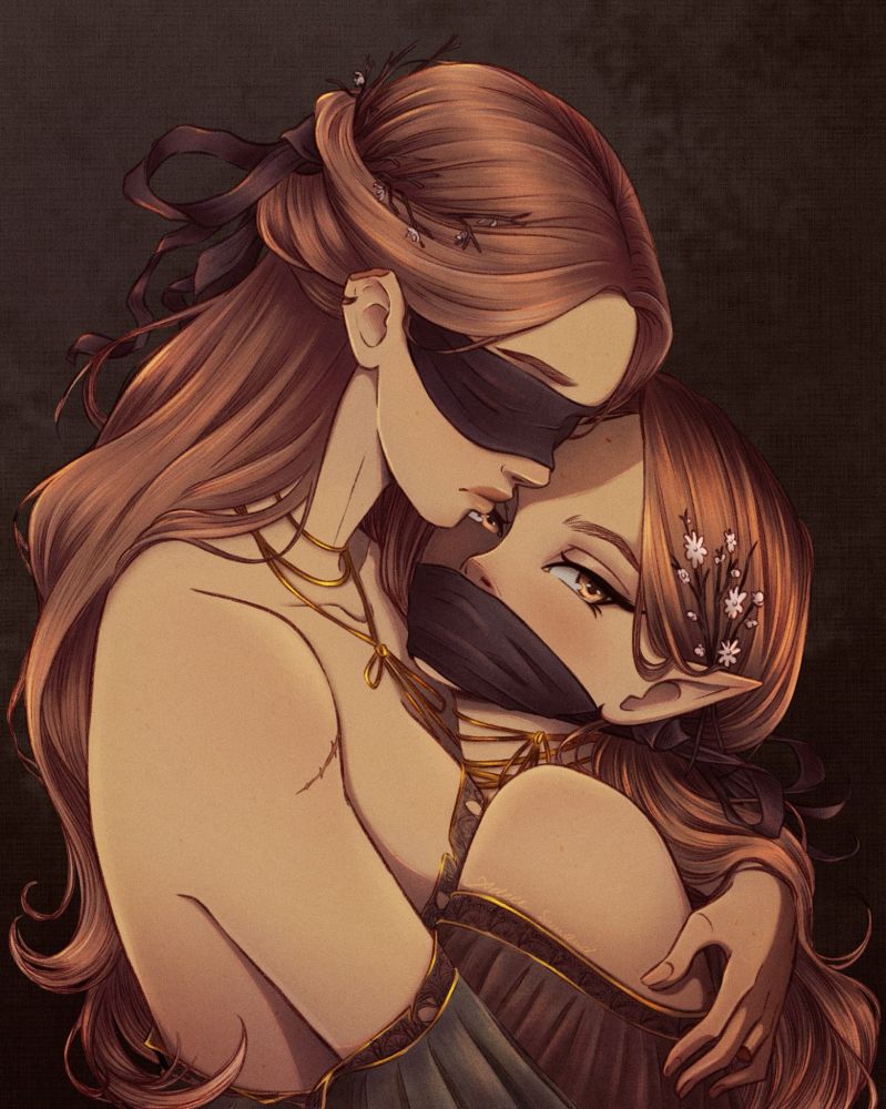 A mother and daughter portrait of two elves made in procreate. The mother can't see, the daughter can't speak. The mother's ear made her into a human, losing her magic. 