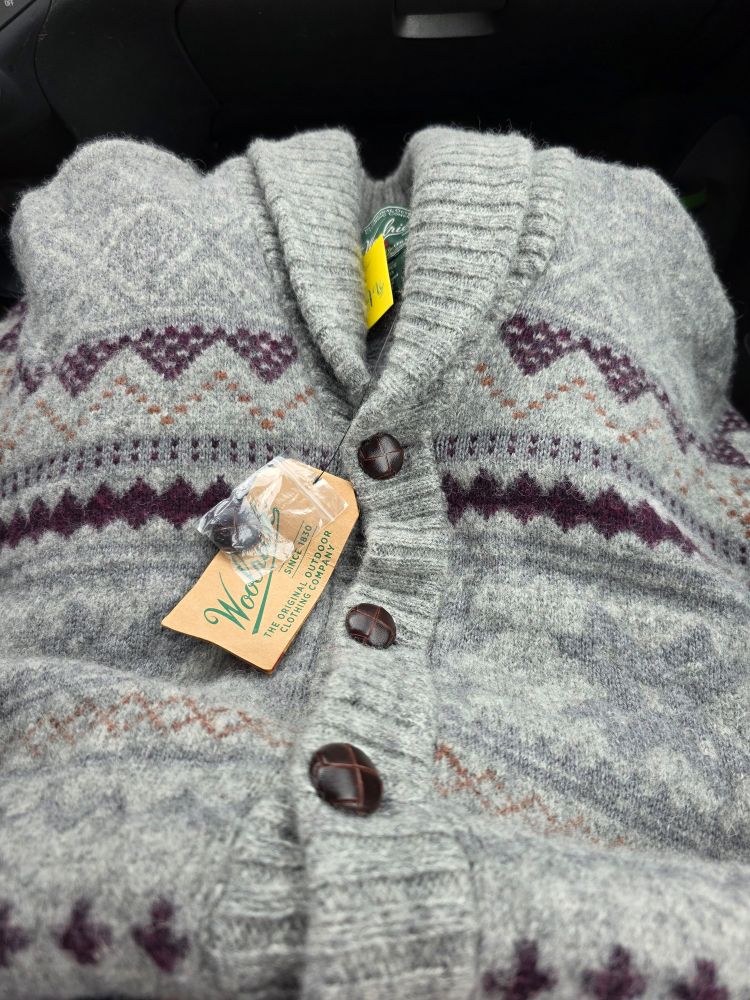 Woolrich grey cardigan sweater fair isle print with tags never worn.
