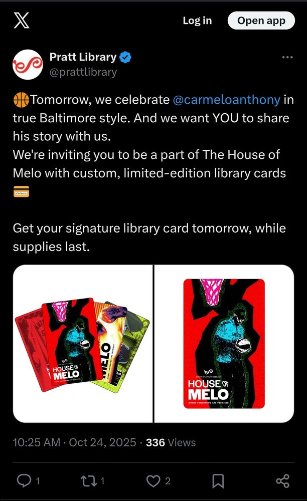 Pratt library tweet about limited edition house of melo library cards 