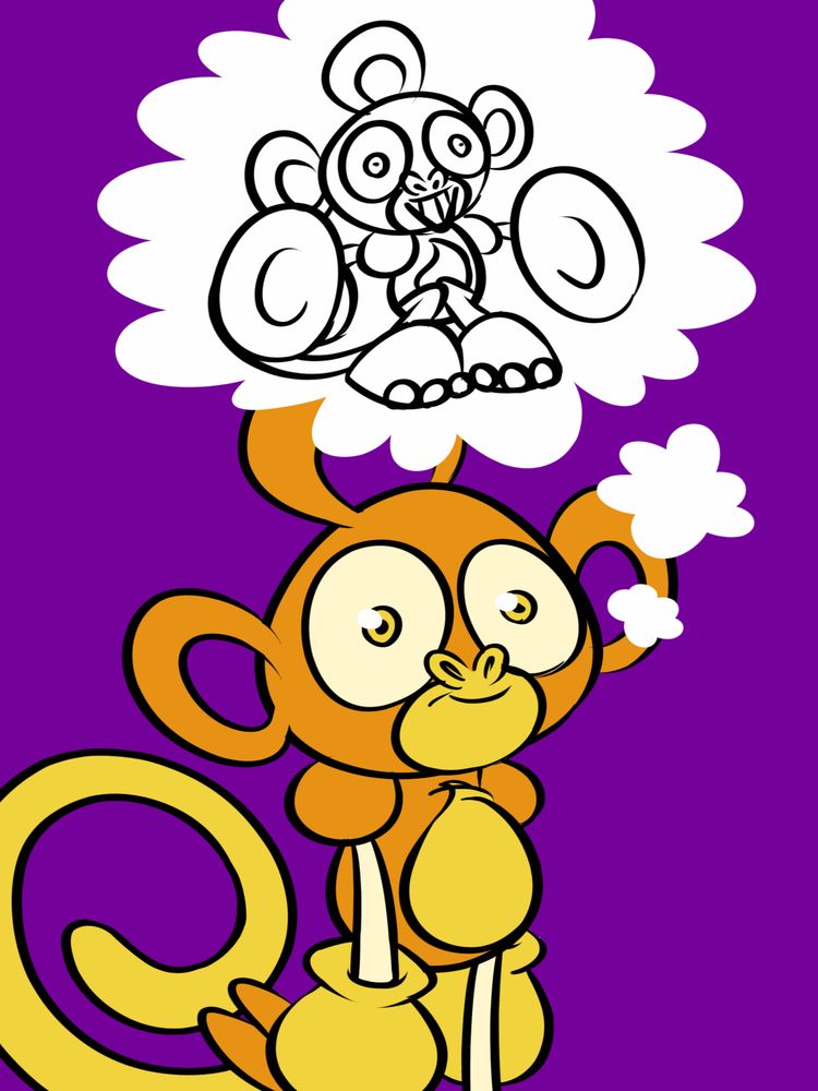 Pictured: Kookie Bonky, an orange monkey CRiTORA, is shown staring into the void while thinking about playing the cymbals