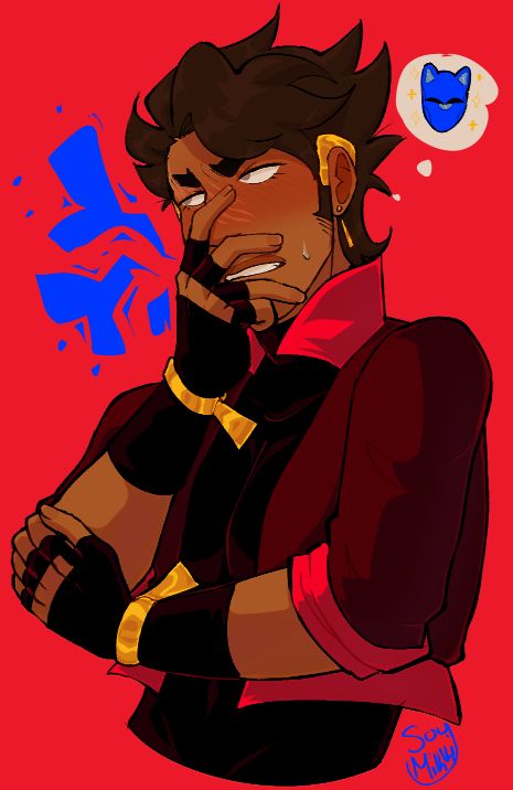 Color image. A half body digital drawing of the character Deimos. He stands against a red background, with blue hearts radiating from him to the left. A small white thought bubble hovers to the right of his head, featuring a blue cat eared helmet, which represents the character Jin. It's somewhat cartoony, expressing a smile only with its visor as eyes. Yellow sparkles hover around the helmet face. 

Deimos is looking away from the viewer, brows pinched and somewhat flustered as indicated by the blush on his cheeks and the sweat drop at his jaw. His right hand props up his left elbow, with his left hand covering part of his face over his nose down to his chin, though still showing the slight grimace of his mouth.

Deimos wears black fingerless gloves with gold bracer straps, a red cropped bomber jacket over a black sleeveless turtleneck, and a visual aid visor. The visor is turned off, with gold neural implants that wrap around and rest above his ears. He has brown skin and scarring over his eyes, which are milky in color. His hair is brown and styled somewhat wild, parting at his right temple to swoop over to his left (right of the image) and his ears are pierced, a gold rod earring dangling down. 

At the bottom right of the image is the signature. Text: Soymikki

End ID.