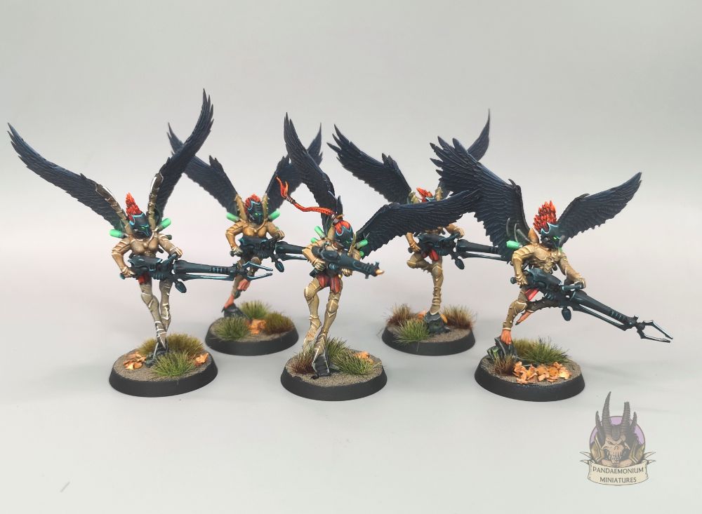 5 drukari scourges in bone armour with black helmets, weapons and wings