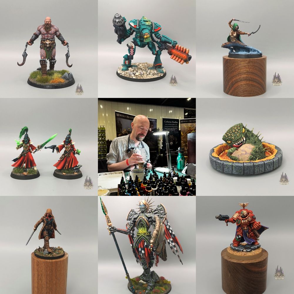 A composite grid of nine images - left-right, top-bottom: 54mm Storr Warrior from Cerberus Studios, Amaroq mech suit from Zeo Genesis, 54mm Var'ac Wraith from Cerberus Studios, 2 Aeldari Warlocks from Games Workshop, Me painting at Salute 2025, Deathtrap Dungeon Bloodbeast from Blue Giant Studios, Assassin from The Lion's Tower Miniatures, Archangel from Para Bellum Games, Blood Angels Captainf rom Games Workshop