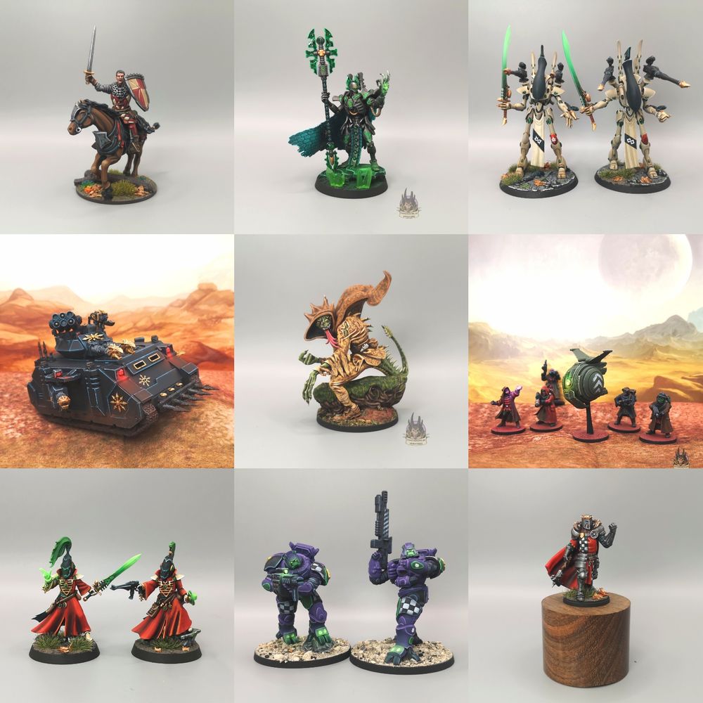 Composite image of nine photos of minatures I've recently painted: Left-right, top-bottom: Mounted Squire from Para Bellum Games, Imotekh of the Necrons from GW, 2 Aeldari WraithKnights from GW, Black Legion Predator tank from GW, Shapechanger (Fighting Fantsay) from Blue Giant Studios, Stargrave crew from North Star with a Drone from SMFX, 2 Aeldari Warlocks from GW, 2 Guardcorp Stormer Zeo mechsuits from Best Hobby, Crusading Noble Lord from Para Bellum Games