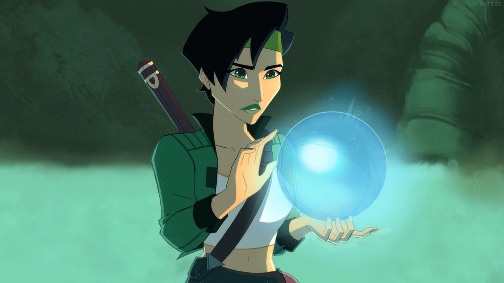 Redraw of a frame of character Jade from the game Beyond Good & Evil. A scene from early in the game where she encounters her first pearl and looks at it inquisitively as it floats between her hands.