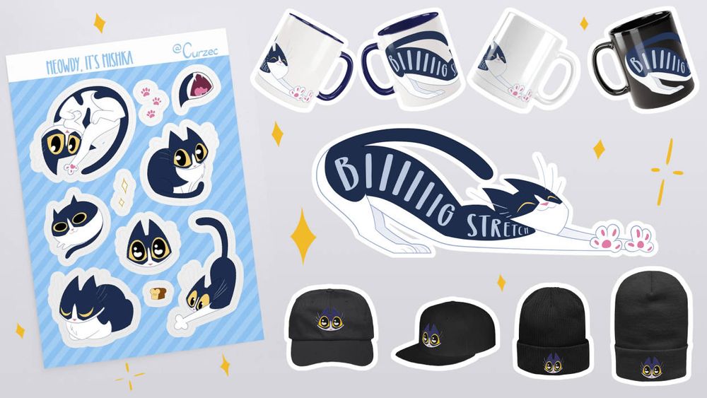 A collection of items I have up for sale, all featuring my cat Mishka. There's a sticker sheet, mugs, hats, and beanies.