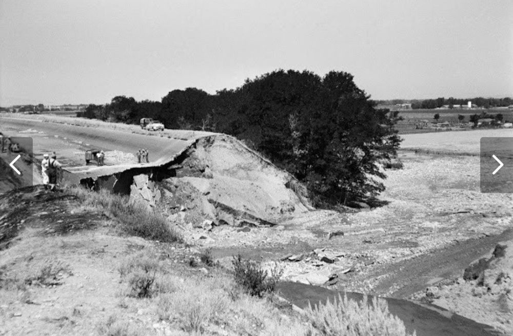 Historic photo shows a massive section of the New York Canal gone following a sudden breach on Aug. 01, 1955.
