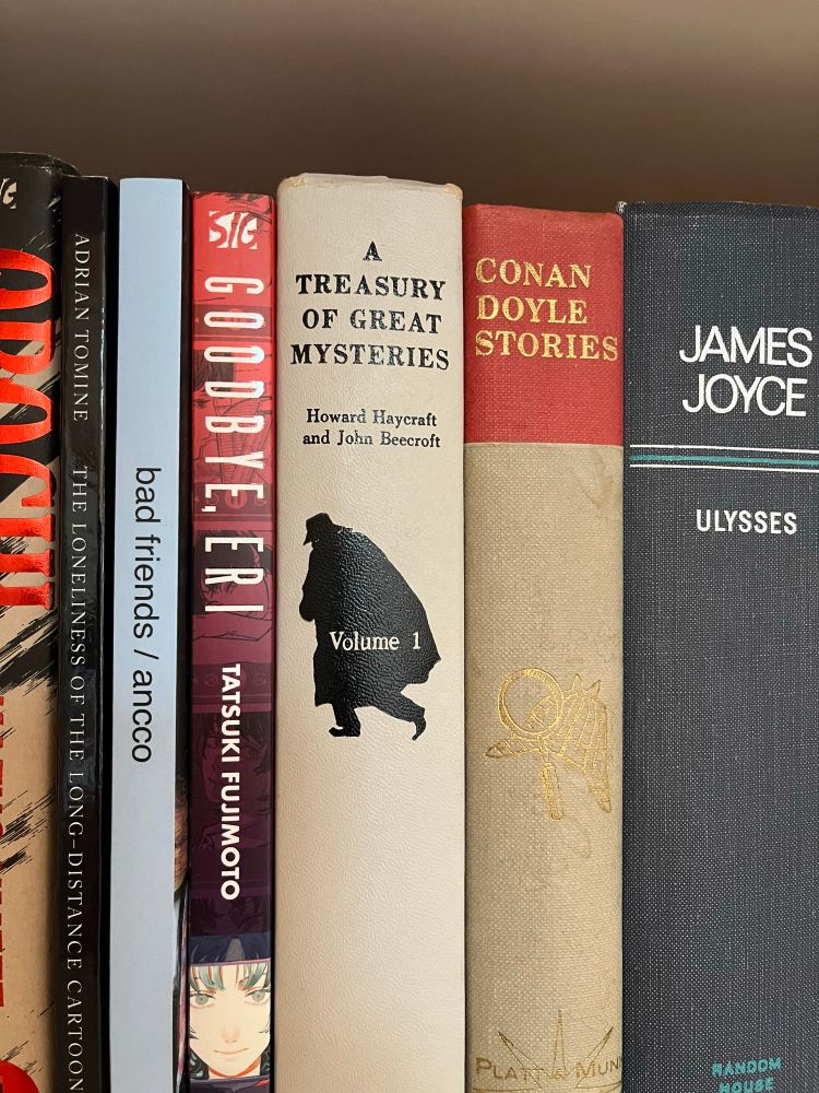 Spines of books, notably A Treasury of Great Mysteries, which can be glimpsed in the other photo