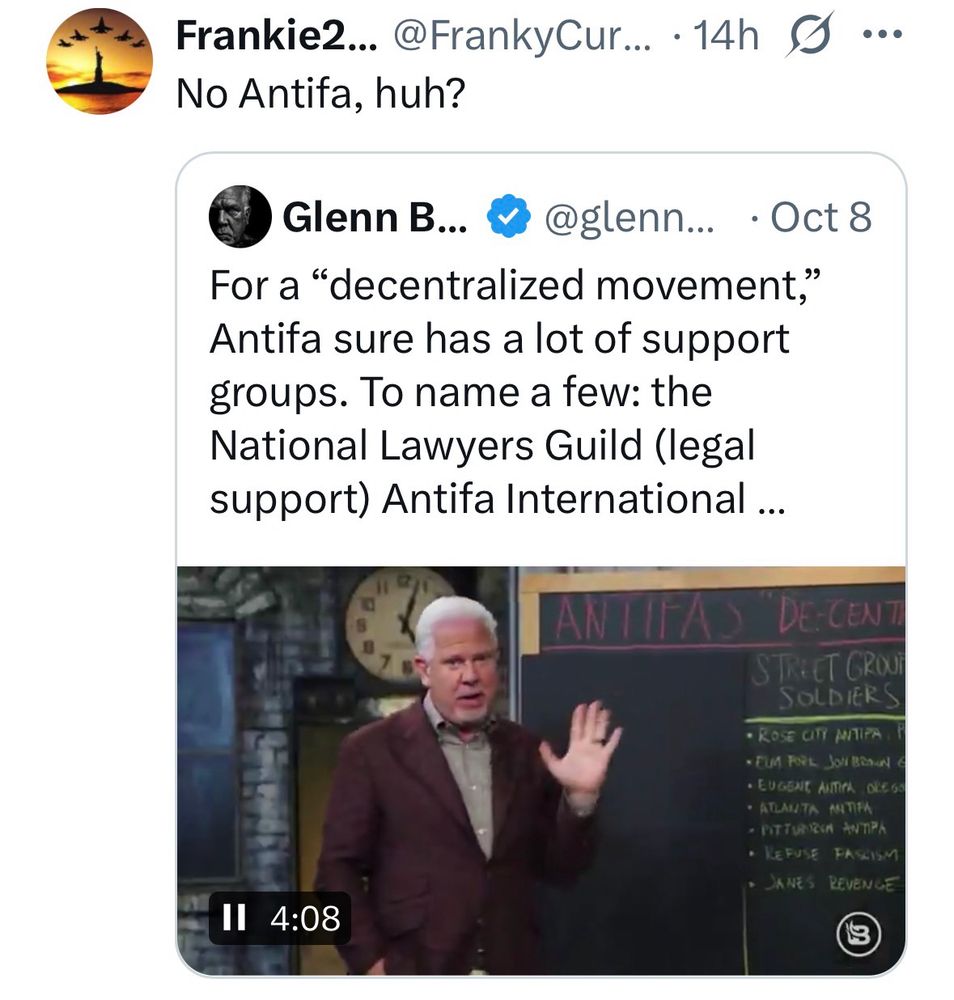 Glenn Beck in front of a chalkboard that has Antifa underlined a nonsense bullet points below it.