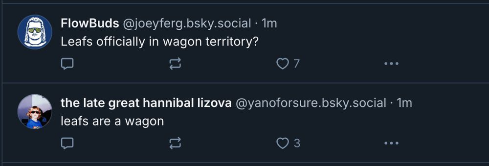 @JoeyFerg asks in a post "Leafs officially in wagon territory?" @yanoforsure also posts in the same moment "leafs are a wagon"