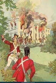 A painting of British soldiers in red coats and white pants from Canada burning down the White House in Washington. An officer urges them on with his sabre. A soldier in the background is holding a torch that is connected to the blazing second floor interior. 